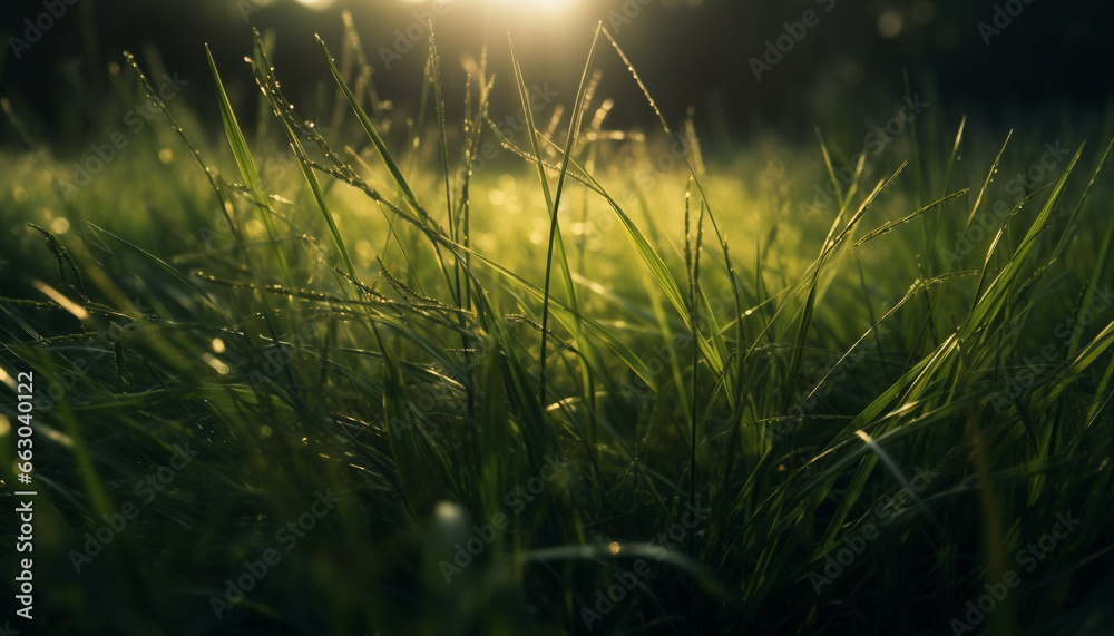 Vibrant green meadow, dew kissed, under the summer sunlight generated by AI