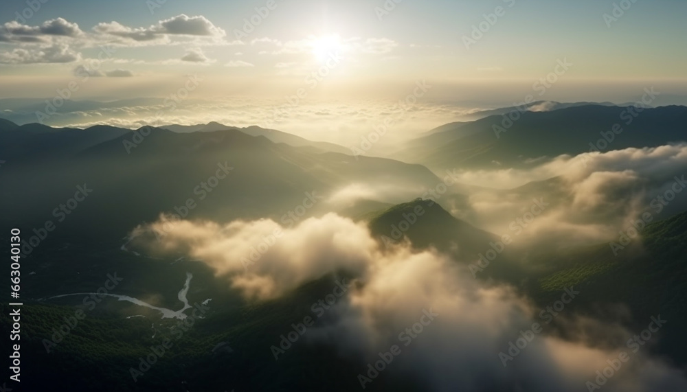 Majestic mountain range, foggy landscape, sunset sky, tranquil forest generated by AI