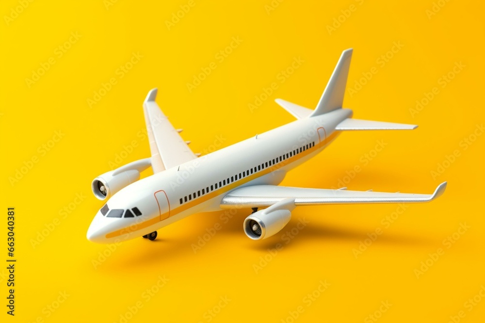 Isolated white airplane on yellow background. Generative AI