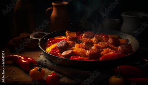 Freshness and heat on a rustic wood table, cooking a gourmet meal generated by AI