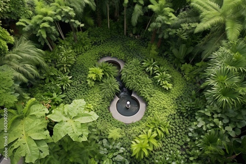 Overhead view of decorative garden showcasing lush greenery. Generative AI