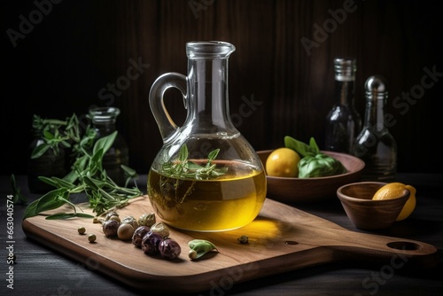 glass jug with olive oil on wooden chopping board surrounded by ingredients. Generative AI