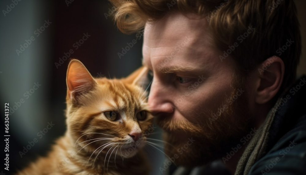 A man embraces a cute kitten, smiling with love and happiness generated by AI A man embraces a cute kitten, smiling with love and happiness generated by AI