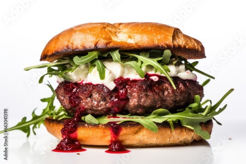 Gourmet Experience Burger: An Extreme Close-Up of an Exquisite Venison Patty, Goat Cheese, Roasted Red Peppers, Arugula, and Lingonberry Sauce on a Sesame Seed Bun.   © Mr. Bolota