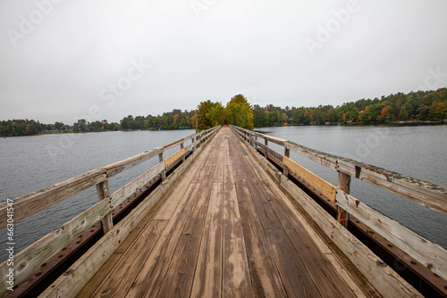 Bearskin Trailhead Bridge in Minocqua, Wisconsin over Lake Minocqua in September