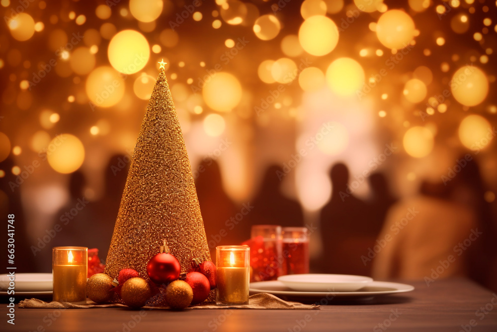 Abstract festive background with shimmering gold particles, twinkling lights, bokeh effect and christmas decorations on a gold background.