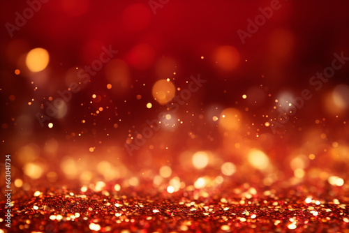 Abstract festive background with shimmering gold particles and twinkling lights and bokeh effect on a red background.