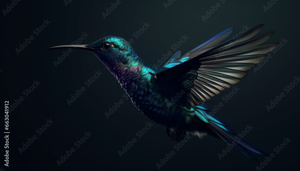 Obraz premium Hummingbird flying in nature, iridescent feather, spread wings, hovering mid air generated by AI