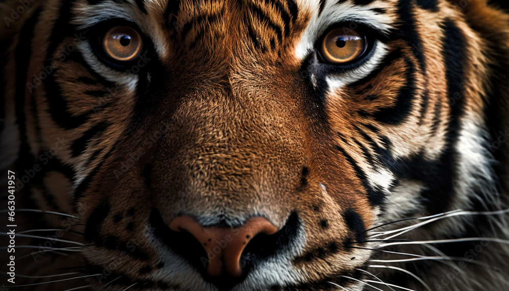 Majestic tiger staring, its striped fur a beauty in nature generated by AI