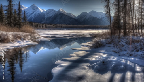 Tranquil scene of frozen mountain peak reflects beauty in nature generated by AI