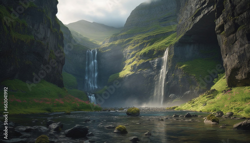 Majestic mountain range, flowing water, tranquil scene, natural beauty, adventure generated by AI