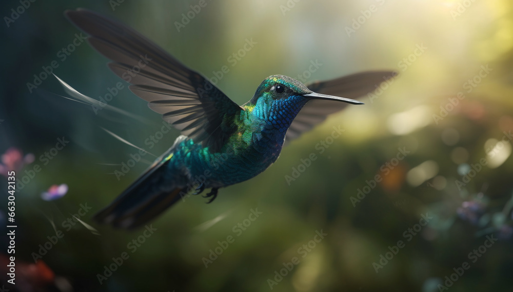 Fototapeta premium Hummingbird hovers, spreading iridescent wings, pollinating flowers in vibrant nature generated by AI