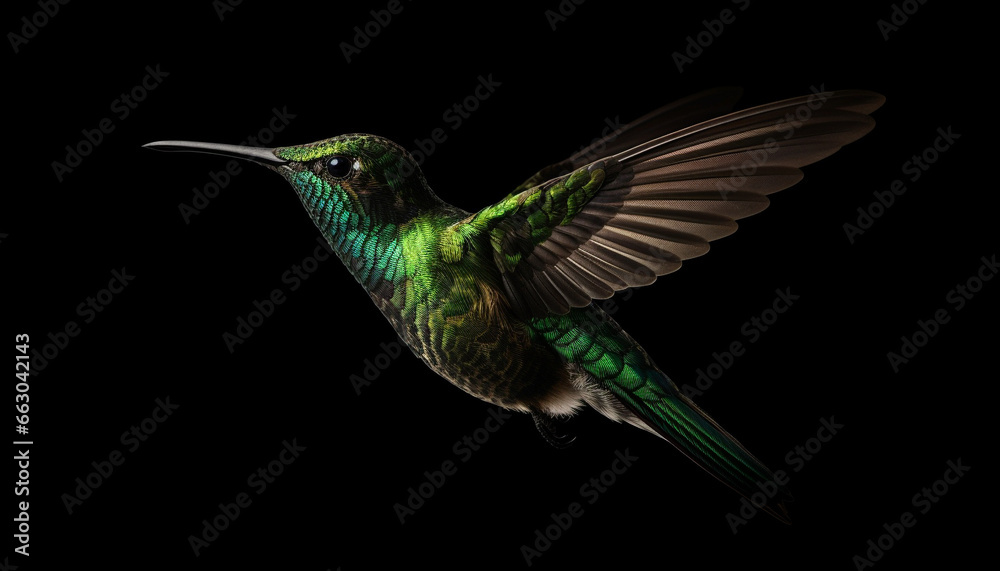 Obraz premium Hummingbird flying, feathered beauty in nature, hovering with spread wings generated by AI