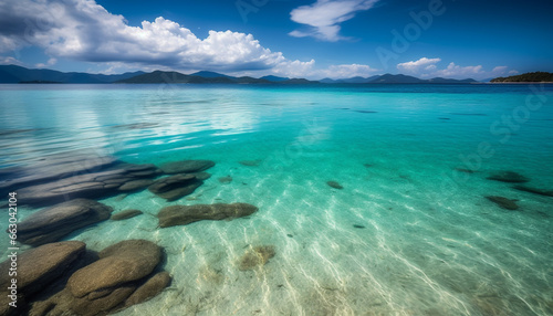 A tranquil scene of a tropical coastline, water reflecting sunlight generated by AI © djvstock