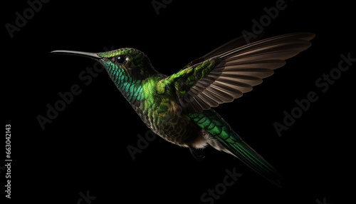 Hummingbird flying, feathered beauty in nature, hovering with spread wings generated by AI