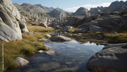 Mountain peak reflects tranquil beauty in nature, majestic and serene generated by AI