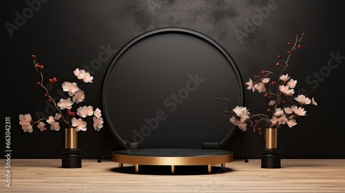 Luxury Chinese black gold marble product podium mockup on the glitter background AI Generative