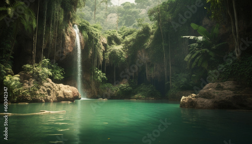 Tranquil scene flowing water, green landscape, tropical rainforest, majestic mountains generated by AI