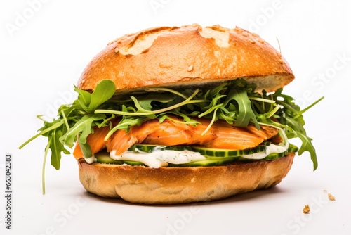 Close-Up of The Gourmet Experience Burger: Featuring a Succulent Salmon Patty, Lemon-Dill Mayo, Crisp Cucumber Slices, and Fresh Watercress on a Whole Wheat Roll, Isolated on a White Background