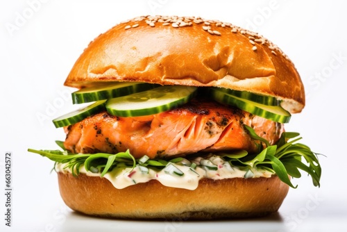 Close-Up of The Gourmet Experience Burger  Featuring a Succulent Salmon Patty  Lemon-Dill Mayo  Crisp Cucumber Slices  and Fresh Watercress on a Whole Wheat Roll  Isolated on a White Background