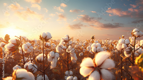 Fair Trade certified cotton field at sunset  warm golden hour light