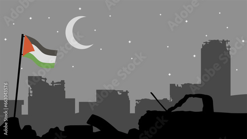 Palestinian conflict vector illustration. Silhouette of destroyed city in palestine at night. Landscape illustration of war for social issues, news, invasion and terrorism