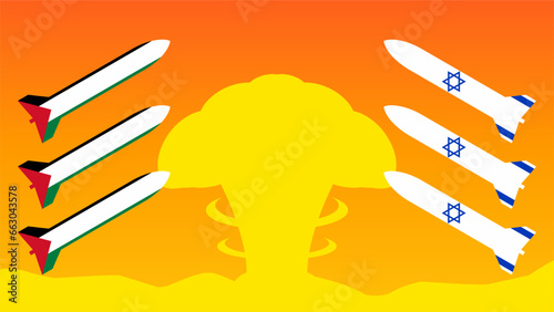Palestinian Israeli conflict vector illustration. War of rockets in illustration palestine and israel with explosion. Landscape illustration of war for social issues, news, invasion and terrorism