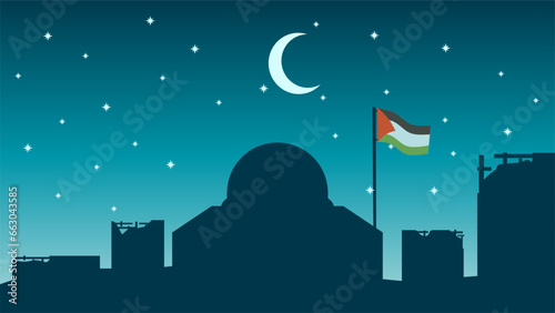Palestine conflict vector illustration. Silhouette of al aqsa mosque and destroyed building in the night. Palestine illustration of war for social issues, news, invasion and terrorism
