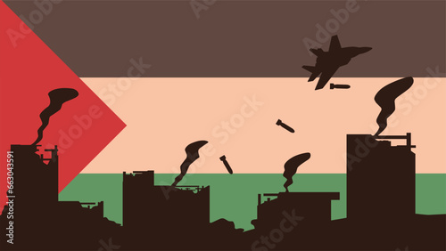 Palestinian conflict vector illustration. Background of Palestine flag with destroyed city and aerial bombing. Landscape illustration of war for social issues, news, invasion and terrorism