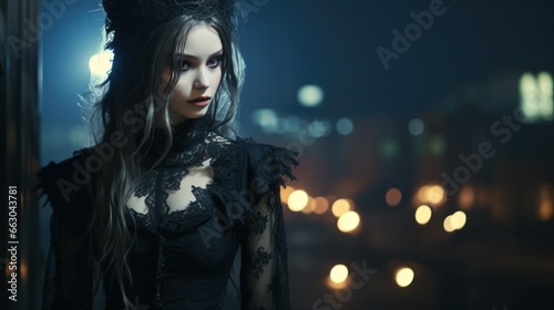 Under the city night lights, a woman in gothic attire stands out with her bold, dark aesthetic, creating a mysterious and captivating presence