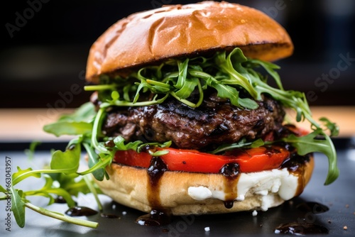 The Gourmet Experience Burger: Wagyu Beef, Creamy Goat Cheese, Roasted Red Peppers, Fresh Arugula, and Balsamic Glaze, Captured in an Extreme Close-Up, Isolated on a Crisp black Background