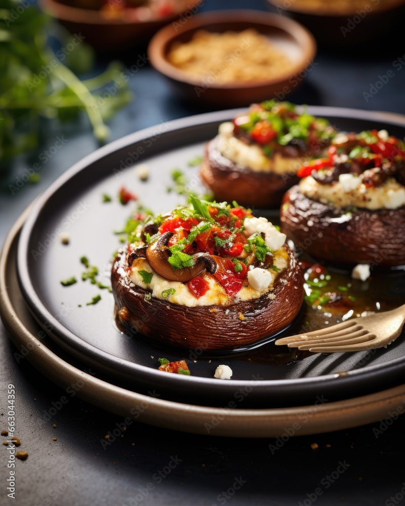 Roasted Vegetable and Goat Cheese Stuffed Portobello Mushrooms, a Gourmet Dish in a Close-Up Presentation