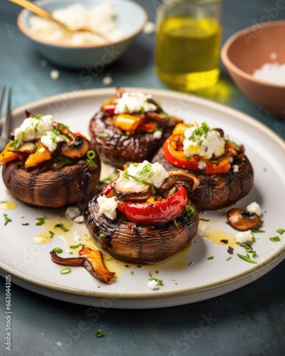 Roasted Vegetable and Goat Cheese Stuffed Portobello Mushrooms, a Gourmet Dish in a Close-Up Presentation