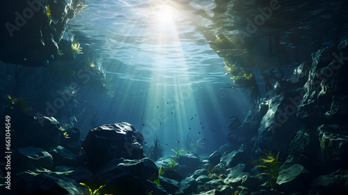 Sunlit underwater cave, A mesmerizing aquatic lair illuminated by sunlight
