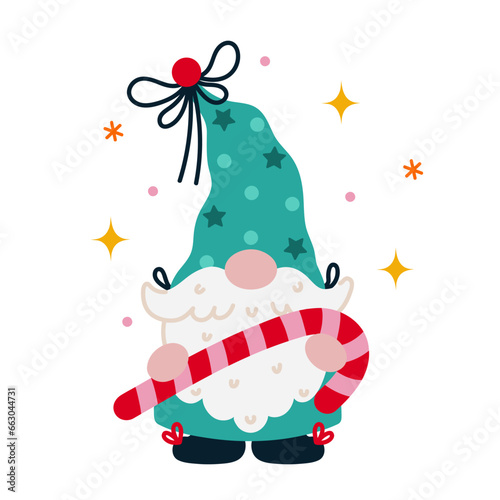 Cute gnome with a striped Christmas candy. Hand drawn vector illustration isolated on white. Santa Claus helper in a stocking cap with stars, turquoise suit. Flat cartoon clipart for print, cards