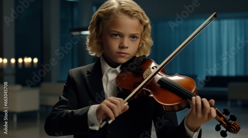 A boy holding a violin, concentrating intensely as he practices a complex piece.