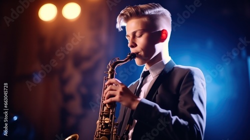 A cool teenager blowing into a saxophone, fingers expertly pressing the keys during a jazz improvisation session.