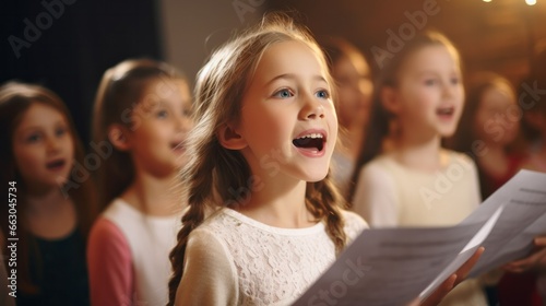 A group of children, various ages, singing vibrantly in their music class, sheet music in hand photo