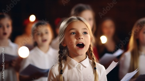 A group of children, various ages, singing vibrantly in their music class, sheet music in hand