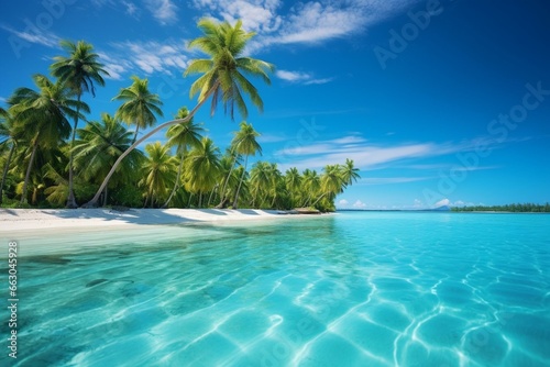 Paradise  palm trees  turquoise waters in Maldives. Generative AI