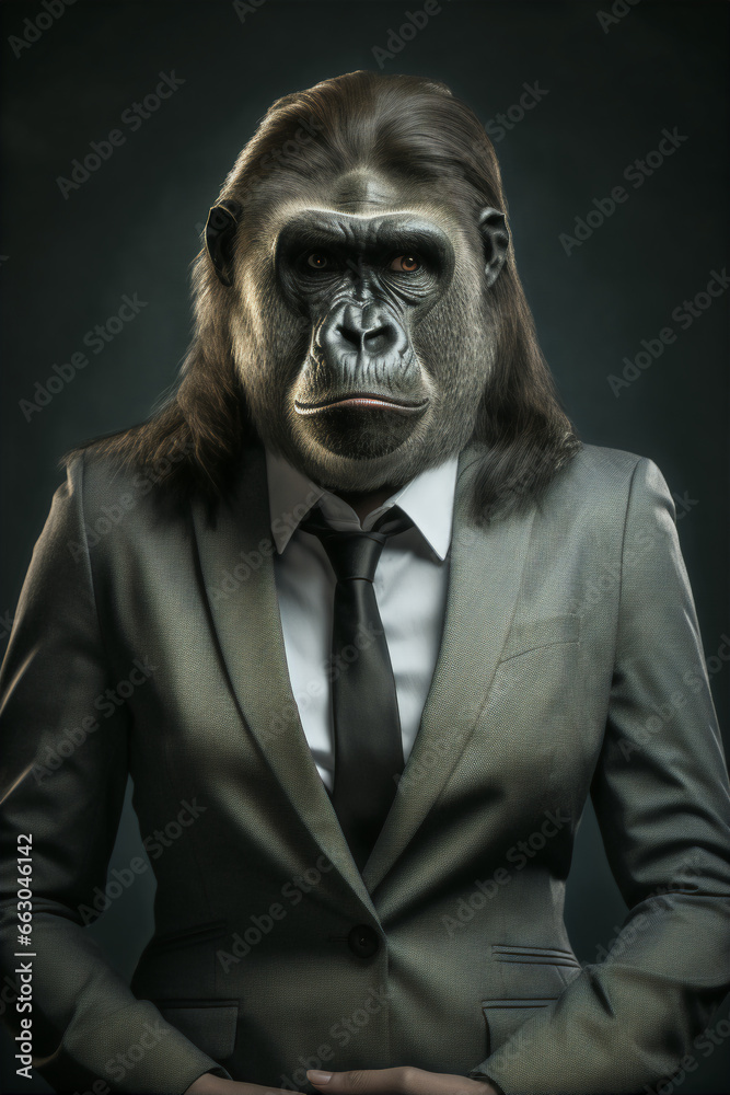 Portrait of a Successful Business Gorilla Businessman with Suit and Tie building Wealth Money Fortune Portrait of a Successful Business Gorilla Businessman with Suit and Tie building Wealth Money Fortune