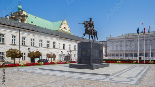 Statue of a horseman in front of the presidential palace in Warsaw, Poland