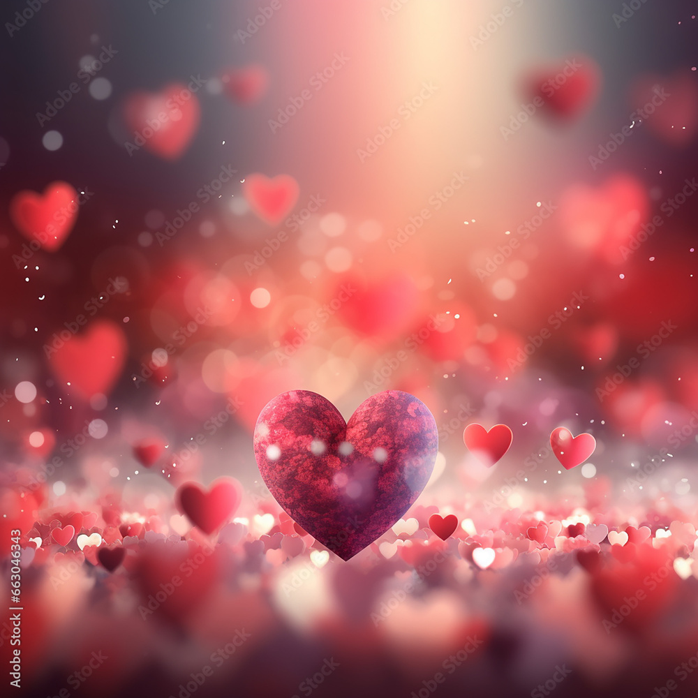 Valentines day background with red hearts and bokeh lights