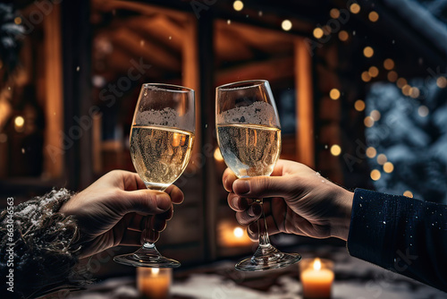 Close up of two male hands raising glass of champagne outdoors on snowy winter season. New Year's Eve, celebration, toast concept. Generative AI.