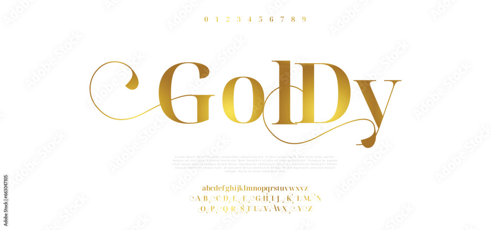 Goldy Elegant Font Uppercase Lowercase and Number. Classic Lettering Minimal Fashion Designs. Typography modern serif fonts regular decorative vintage concept. vector illustration - obrazy, fototapety, plakaty 