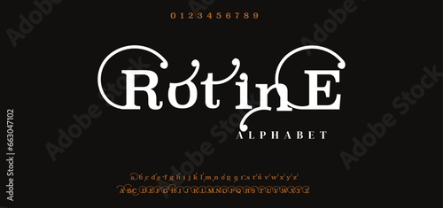 Rotine Elegant Font Uppercase Lowercase and Number. Classic Lettering Minimal Fashion Designs. Typography modern serif fonts regular decorative vintage concept. vector illustration