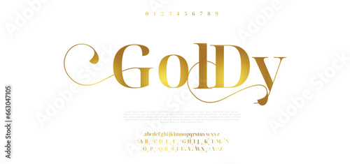 Goldy Elegant Font Uppercase Lowercase and Number. Classic Lettering Minimal Fashion Designs. Typography modern serif fonts regular decorative vintage concept. vector illustration