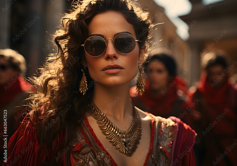  A beautiful woman gracefully explores the timeless charm of Rome, clad in traditional attire and chic modern sunglasses.