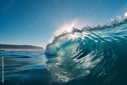 Clear and blue ocean wave over blue sky captured using advanced technology. Generative AI
