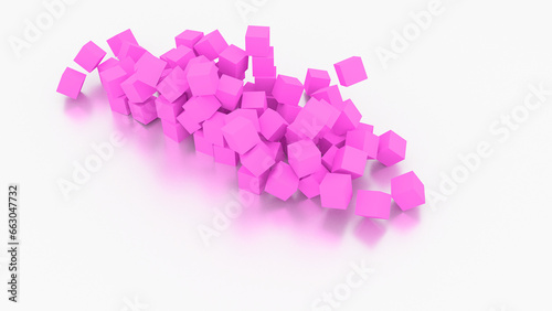 Geometric cubes in color. Purple cubes on white background. Art and color concept. 3D rendering illustration.